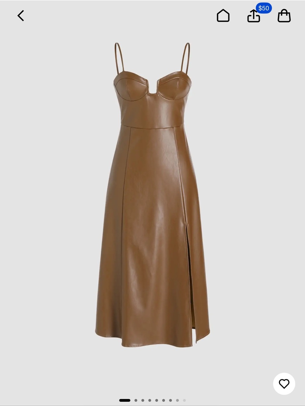 Cider Faux Leather Brown Midi Dress with Spaghetti Straps